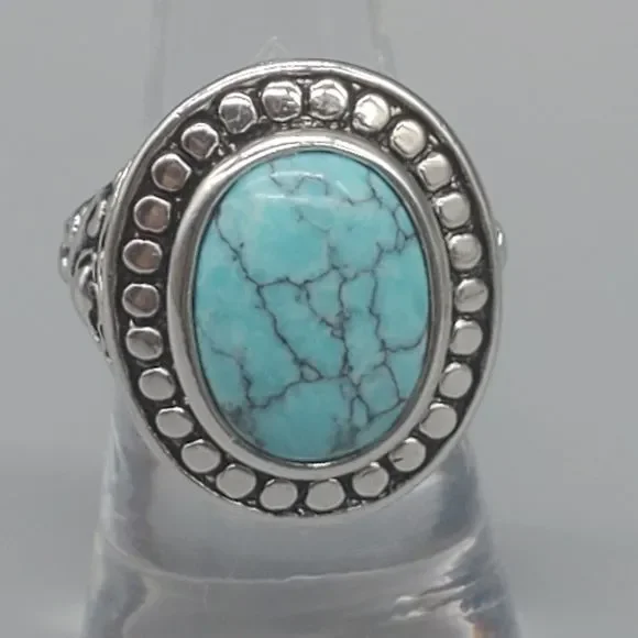 Southwest Style Ring Silver Tone Studded Blue Center Boho size 6.75 - Picture 2 of 8